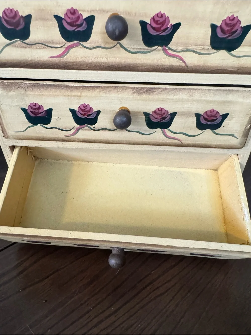 Hand-Painted Mini Chest Drawers with Pink Rose Motif